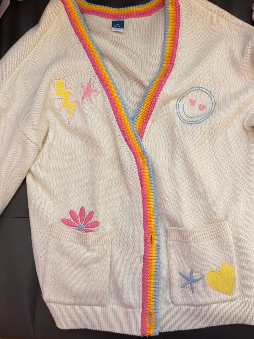 Kids Old Navy Cream Cardigan with Rainbow Trim and Fun Patches